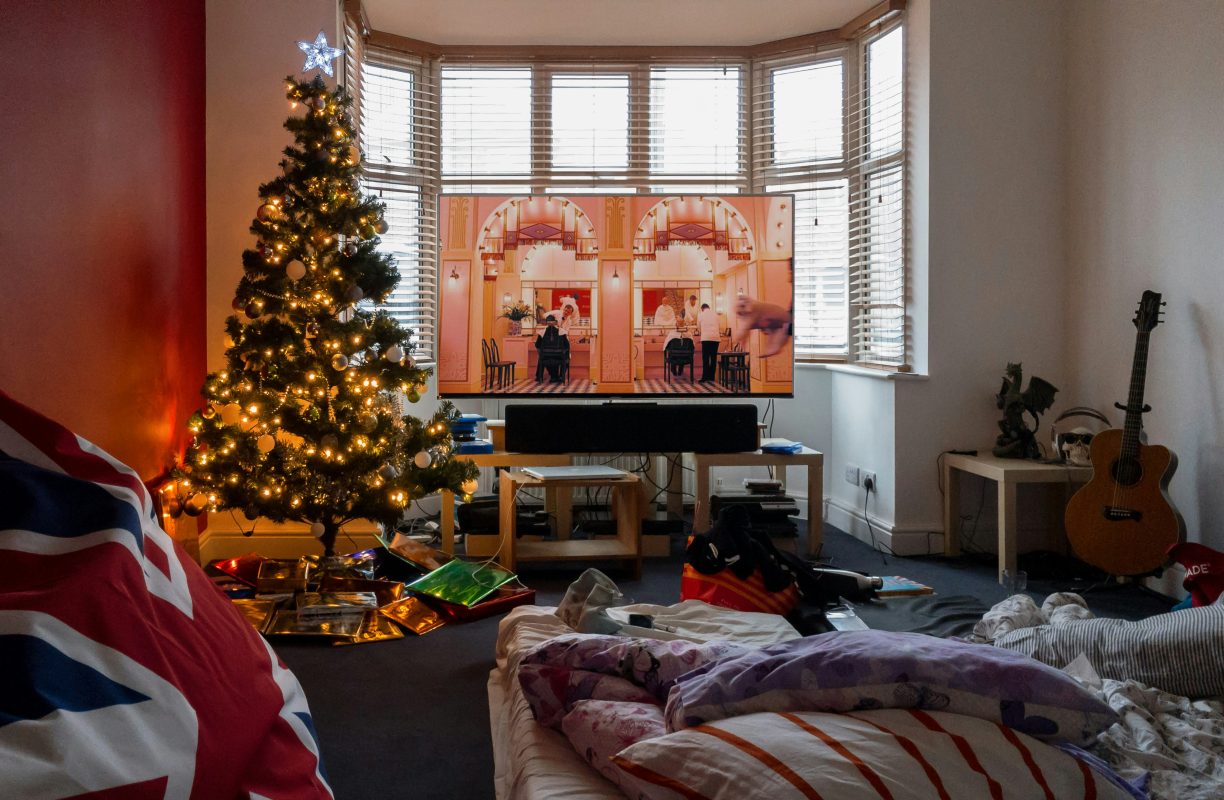 a bedroom looking festive but also creative and messy