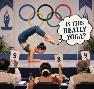 Competitive Yoga performer demonstrating an advanced posture while judges hold up scores, raising questions about Yoga becoming an Olympic sport.